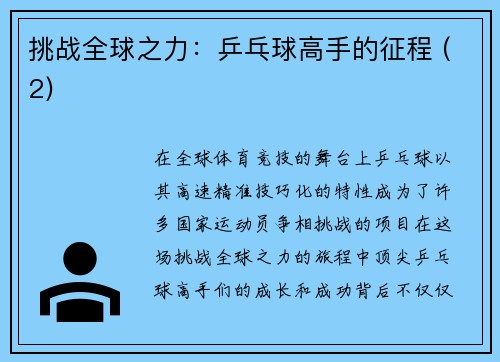 挑战全球之力：乒乓球高手的征程 (2)